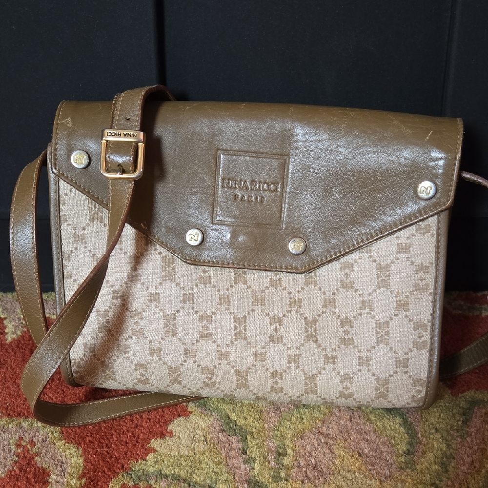 Vintage 90s Nina RICCI Brown and Tan Crossbody Bag